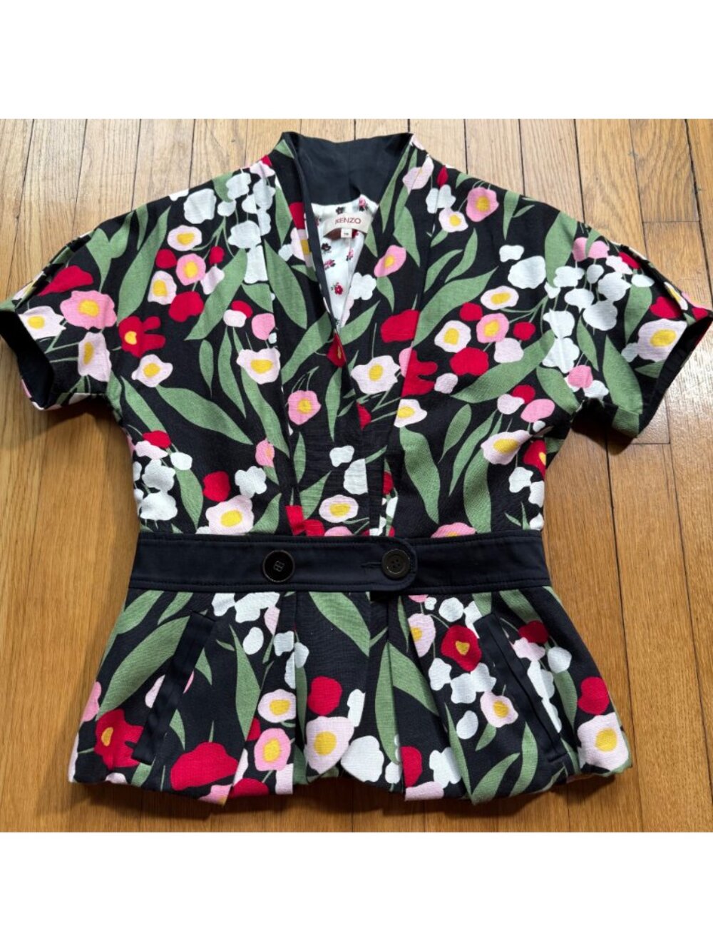 Kenzo Size M Floral Linen Blend Short Sleeve Blazer Jacket with Black Belt - Picture 2 of 16